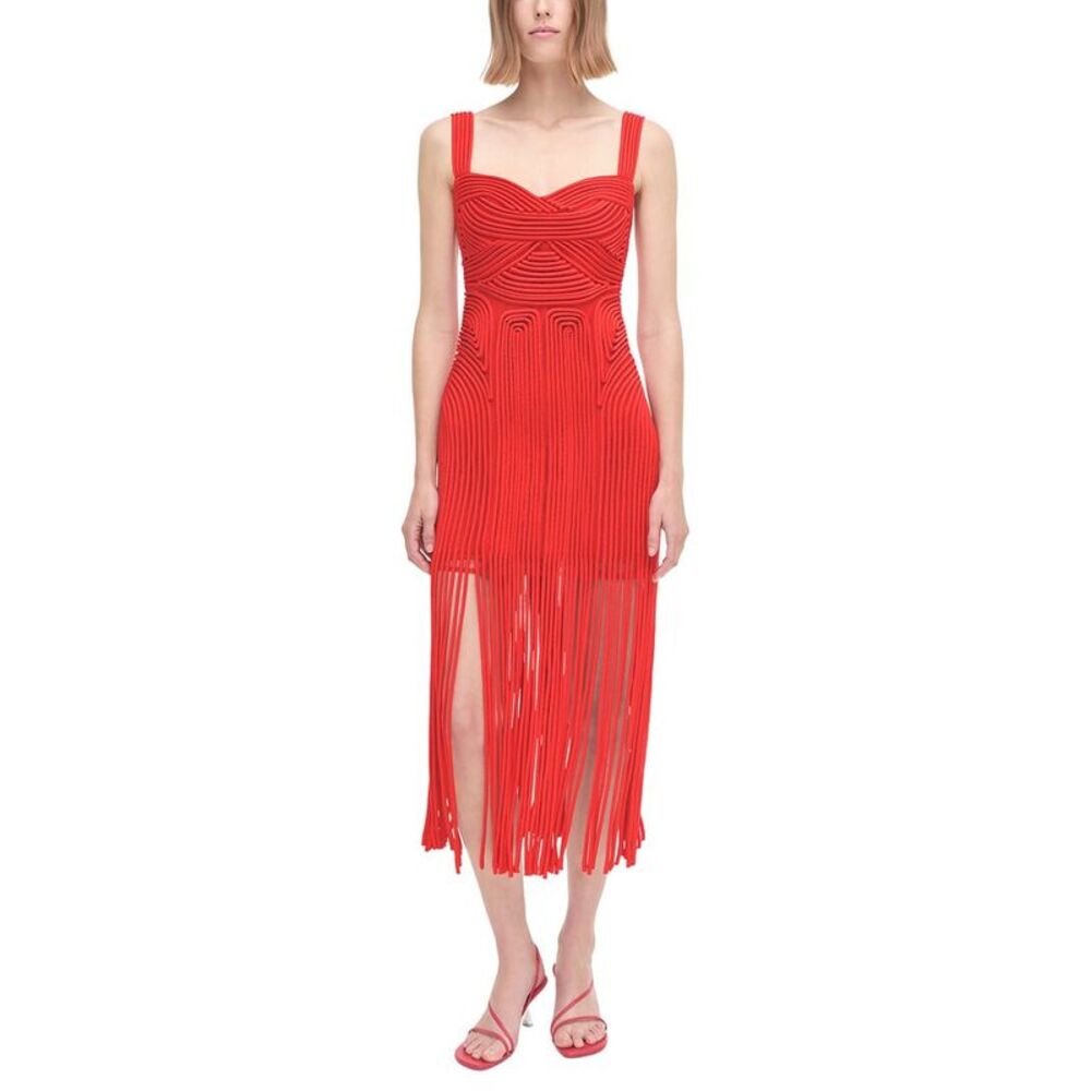 Simkhai Womens  Darby Fringe Hem Midi Dress, Red
